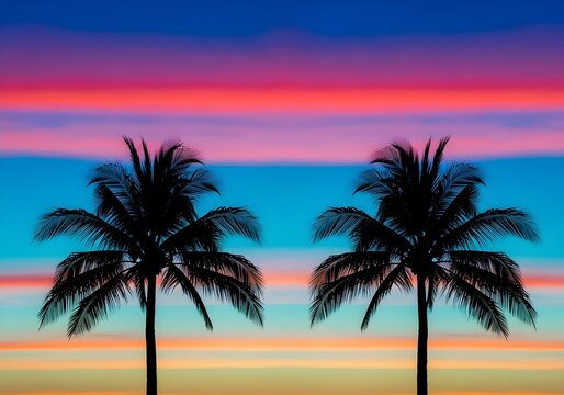 Tropical paradise with vibrant sunset colors and silhouetted palm trees evoking relaxation and vacation vibes a perfect representation of a peaceful summer evening - Powered by Adobe