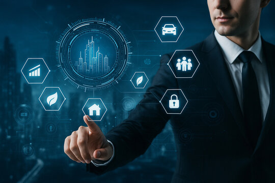 AI generated futuristic smart city interface with holographic icons showing connected systems analytics security and urban technology in a modern digital environment