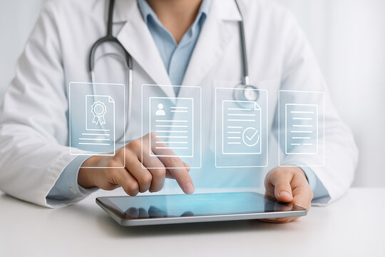 AI generated clean clinical a doctor using a tablet with floating hologram files representing secure medical records verification reports and efficient digital healthcare data processing