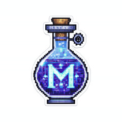 Pixelated potion bottle with glowing 'M' symbol on a vibrant striped background