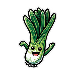 Happy cartoon green onion character waving with a smile