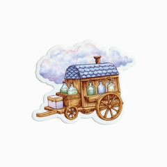 Whimsical cart with bottles and clouds, watercolor illustration
