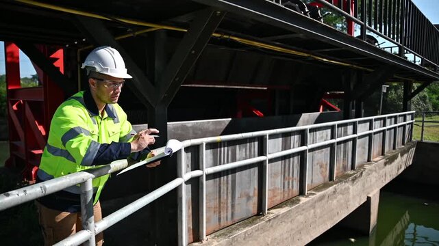 A skilled technician is inspecting the overall system of a wastewater treatment plant to detect any abnormalities and perform maintenance.