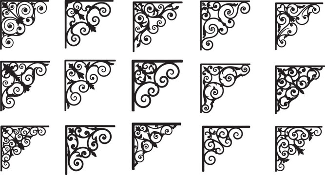 Variety of decorative black wrought iron corner brace designs in silhouette bracket support