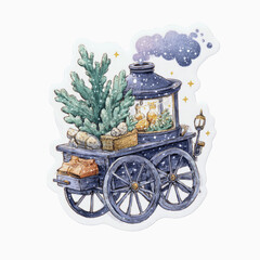 Whimsical winter cart with fir tree, boots, and glowing lanterns