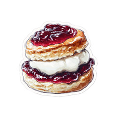 Delicious scone with jam and cream, illustrated style
