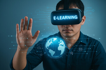AI generated futuristic e learning scene with VR interaction digital globe holograms and global knowledge network creating a modern immersive education experience