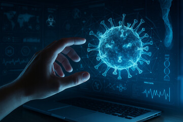 AI generated immersive holographic virus model with scientific data visualizations showcasing biotechnology research molecular diagnostics and deep bioanalysis in a futuristic medical environment