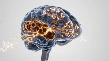 Animated 3D brain model highlighting dopaminergic neurons in the substantia nigra with light-up activity - Powered by Adobe