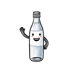 Cartoon water bottle character waving hello with a happy face