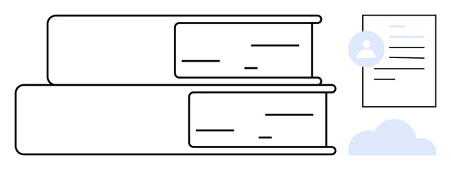 Two stacked books beside a digital profile document and a cloud icon. Ideal for education, research, learning, digital storage, online resources, reading, academic concepts. Simple flat metaphor