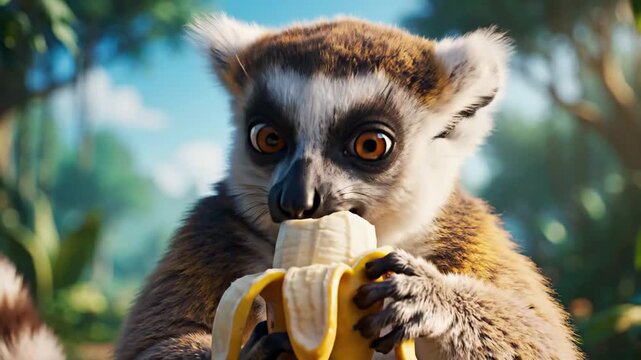 Funny Lemur Eating Banana in Jungle Animated Video.