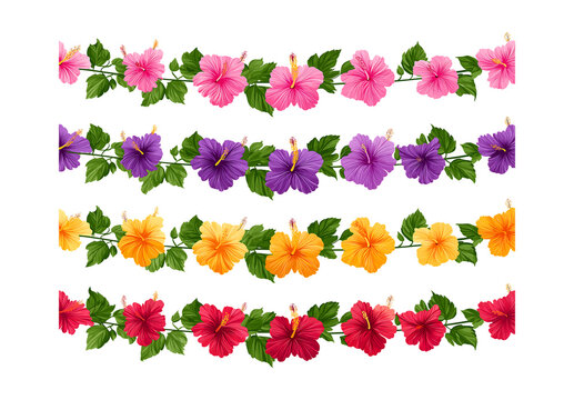 Seamless Tropical Hibiscus Flower Borders in Four Vibrant Colors on Transparent Background