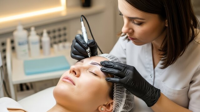 Close-up of a Woman Receiving Permanent Eyebrow Makeup