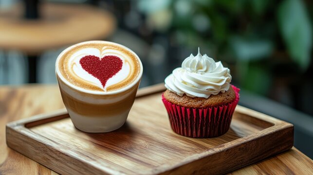 Coffee and cupcake on a wooden tray