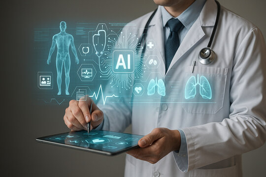 AI generated futuristic medical concept showing doctor using holographic data for analysis diagnosis and advanced healthcare innovation with modern technology and trusted precision