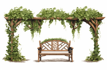Obraz premium Rustic Pergola & Garden Bench with Green Vines