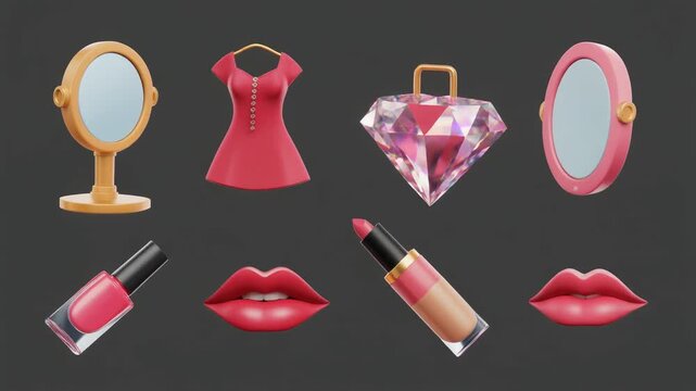Set of purchases clipart elements such as the nail polish, dress, diamond, hand mirror, lips, lipstick  3d 