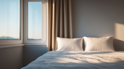 A serene bedroom with a neatly made bed, two pillows, and natural light streaming through the windows, creating a calming atmosphere.