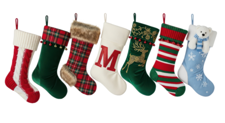 A row of colorful Christmas stockings with a white background.