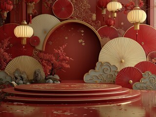 Luxurious Chinese Traditional Festival 3D Scene: Deep Wine Red with Gold Trimmed Fans, Hanging Lanterns and Cloud Ornaments, 8K Render