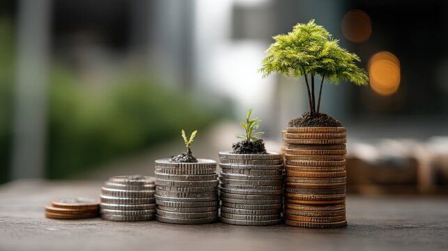 Majestic tree growing on a pile of coins representing growth at a reasonable price in financial investments and wealth building
