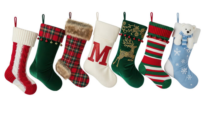 A row of colorful Christmas stockings with a white background.