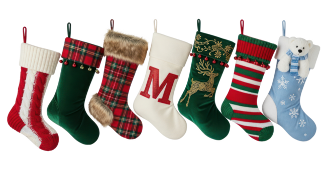 A row of colorful Christmas stockings with a white background.