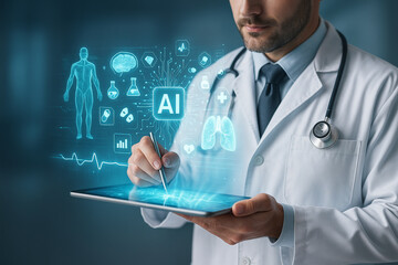 AI generated digital healthcare scene with a doctor using a tablet and holographic medical data including anatomy charts diagnostics icons and realtime health analytics creating