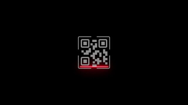 Glowing neon QR code with scan icon isolated animation,Glowing neon scanner icon video animation,QR code scanner 4k video footage with black background.