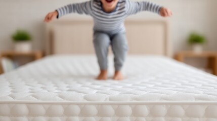 A joyful child jumps on a soft mattress, showcasing playful energy and a cozy home environment.