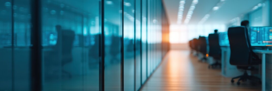 A modern office space with glass partitions, showcasing a collaborative environment filled with desks and computer screens, illuminated by natural light.