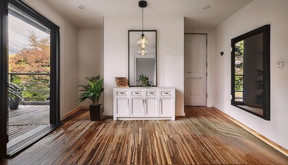 Obraz premium A serene walk-in closet with matte beige cabinetry and hidden LED strip lighting