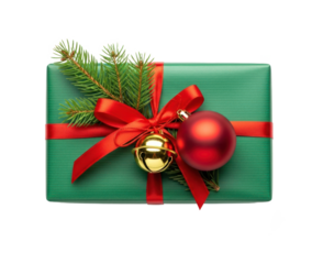 A green and red gift box with a red ribbon and a Christmas tree branch on top, decorated with a red ball and a gold bell, against a white background.
