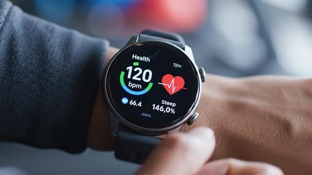 Modern smart watch displaying health data on wrist close up daytime natural light