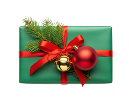 A green and red gift box with a red ribbon and a Christmas tree branch on top, decorated with a red ball and a gold bell, against a white background.
