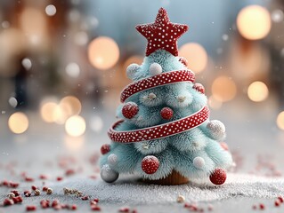 Dreamy Christmas Theme 3D Render: Light Blue Fluffy Tree with Red Polkadot Spiral Ribbon and Glossy Baubles on Snowy Confetti Ground, 8K