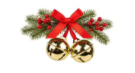 Two golden bells with red ribbons and holly berries on a white background.