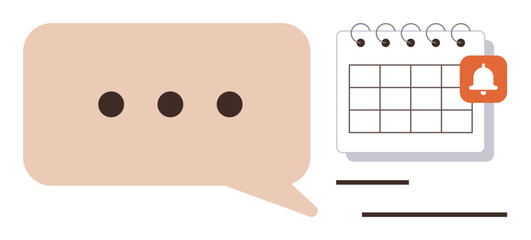Speech bubble with ellipsis next to a calendar and notification icon. Ideal for communication, planning, scheduling, reminders, organization, productivity, teamwork. Simple flat metaphor