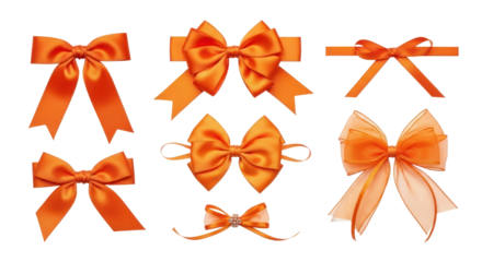 Collection of Orange ribbons and bows on a white background.
