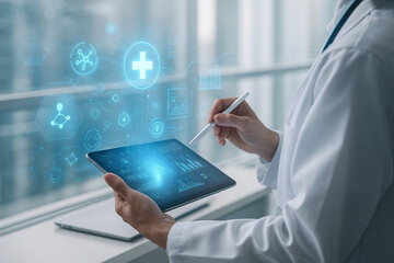 AI generated futuristic a medical professional using a tablet with glowing blue holographic health icons charts and data symbols representing advanced diagnosis realtime analytics