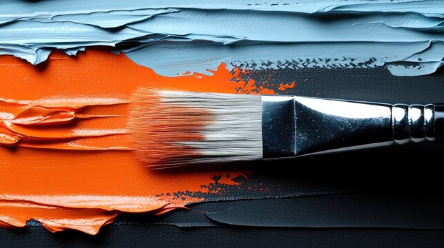 A paintbrush applies orange paint onto a canvas, creating an abstract composition with blue and black paint. - Powered by Adobe