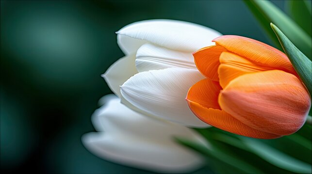 Close-up of two tulips in full bloom, one white and one orange, with green leaves and a blurred green background. Soft focus creates a dreamy effect.