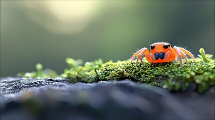 A close-up shot of an orange jumping spider perched on a patch of green moss. The spider is the focal point, with a blurred natural background.