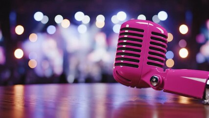 Vintage microphone on stage with soft bokeh lights for performance and music concepts