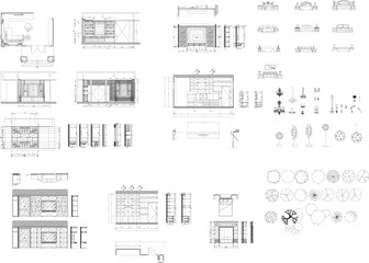 Interior Design Construction Drawing Set with Built-in Cabinets, TV Cabinet, Display Cabinet, Section Views, Bed Headboard Accessories, Lamp, and Decorative Plants