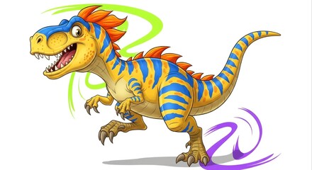 Naklejka premium Cartoon Dinosaur with Colorful Stripes and a Fierce Expression.