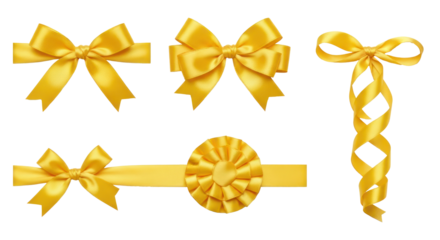 Golden ribbons and bows on a white background.
