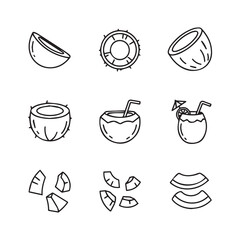 Monoline Coconut Illustration Set Featuring Whole, Half, and Drink Variations in One Sheet