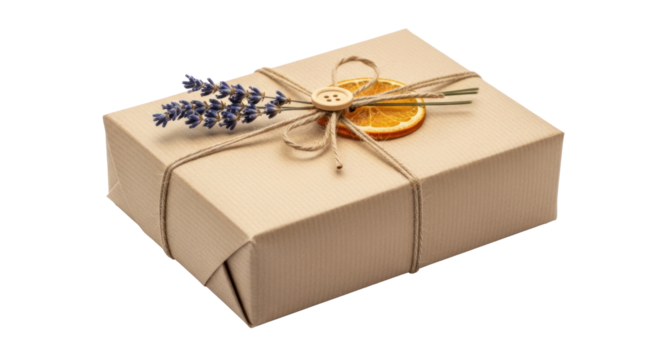 A wrapped gift with a dried orange slice and lavender on a white background.